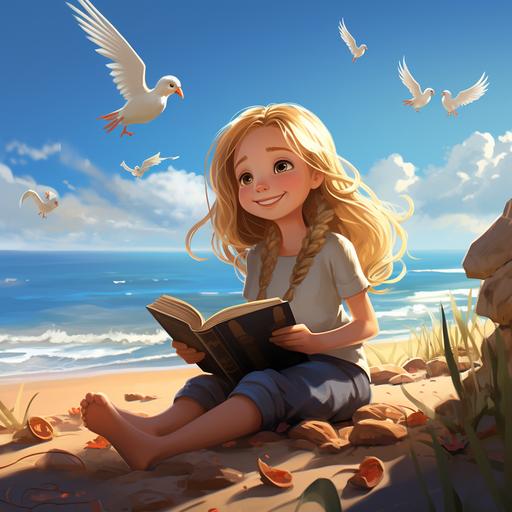 GIRL, BLONDE HAIR, BROWN EYES, HAPPY EXPRESSIONS, DREAMY FACE, SITTING ON THE BEACH AIR, WITH AN OPEN BOOK ON HER LEGS, SHE IS LOOKING AT THE OCEAN, IMAGINING HER FUTURE FULL OF ADVENTURES. WITH A BLUE SKY LANDSCAPE, BIRDS, IN THE STYLE OF CHILDREN'S BOOK ILLUSTRATION, 3D CARTOON