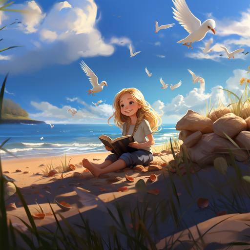 GIRL, BLONDE HAIR, BROWN EYES, HAPPY EXPRESSIONS, DREAMY FACE, SITTING ON THE BEACH AIR, WITH AN OPEN BOOK ON HER LEGS, SHE IS LOOKING AT THE OCEAN, IMAGINING HER FUTURE FULL OF ADVENTURES. WITH A BLUE SKY LANDSCAPE, BIRDS, IN THE STYLE OF CHILDREN'S BOOK ILLUSTRATION, 3D CARTOON