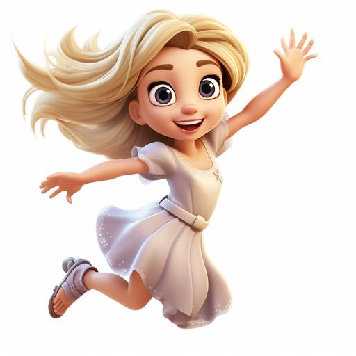 GIRL, BLONDE HAIR, BROWN EYES, JUMPING WITH HAPPINESS, IN A PRINTED DRESS, WHITE BACKGROUND. IN THE STYLE OF CHILDREN'S BOOK ILLUSTRATION, 3D CARTOON