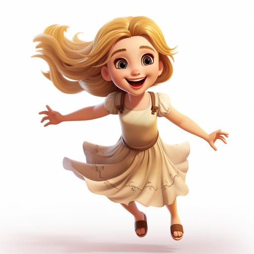GIRL, BLONDE HAIR, BROWN EYES, JUMPING WITH HAPPINESS, IN A PRINTED DRESS, WHITE BACKGROUND. IN THE STYLE OF CHILDREN'S BOOK ILLUSTRATION, 3D CARTOON