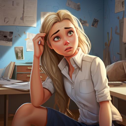GIRL SARA, 11 years old, BLONDE HAIR, BROWN EYES, SCARED, IN jeans, white button-down blouse. THE GIRL SARA WAS SITTING IN THE CLASSROOM, TREIST, FEELING SICK and was taken to the emergency room by the teachers. CHILDREN'S BOOK ILLUSTRATION STYLE, 3D CARTOON, in high resolution
