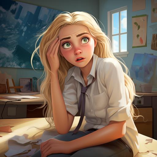 GIRL SARA, 11 years old, BLONDE HAIR, BROWN EYES, SCARED, IN jeans, white button-down blouse. THE GIRL SARA WAS SITTING IN THE CLASSROOM, TREIST, FEELING SICK and was taken to the emergency room by the teachers. CHILDREN'S BOOK ILLUSTRATION STYLE, 3D CARTOON, in high resolution