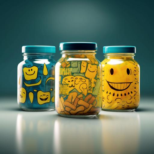 GLASS JAR, PRINTING ON IT, LUNCH TIME, HAPINESS, PATTERN, SOFT LINES, BREAK, FUN, SMILE, FUNNY, FRESG VEGETABLES, GOLD COLOR, SILVER COLOR, BLUE COLOR,