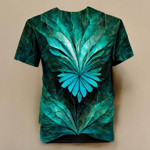 3d printed green teal cyan abstract art t-shirt covered with one green teal cyan leaves fractal design