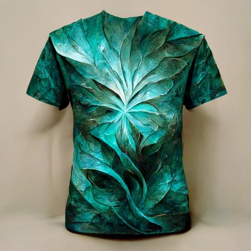3d printed green teal cyan abstract art t-shirt covered with one  green teal cyan leaves fractal design