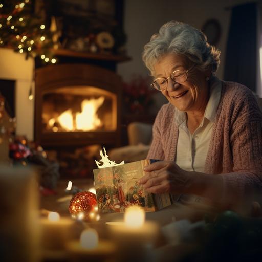 GRANDMA with acid reflux, sitting around fire place, adults opening christmas gifts 8K image, apply contrast, realism, mega ultra full HD, photorealistic camera, cute, 8k, photorealistic, perfect cinematic light, volumetric, chiaroscuro, award-winning photography, Realistic cinema photography, cinema, bokeh, professional and highly detailed.