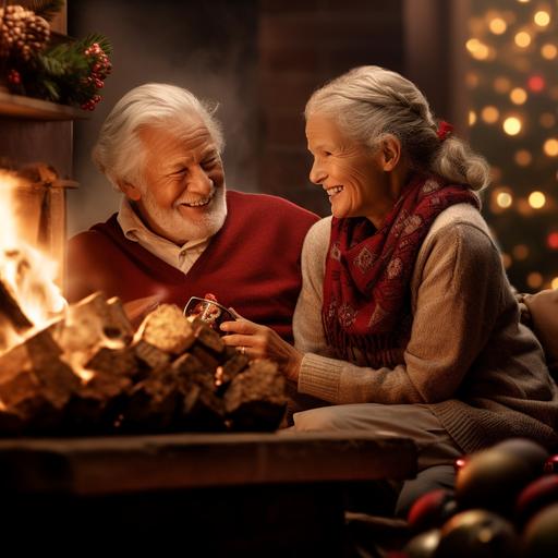 GRANDPARENTS, sitting around fire place, FULL BODY IMAGE , opening christmas gifts 8K image, apply contrast, realism, mega ultra full HD, photorealistic camera, cute, 8k, photorealistic, perfect cinematic light, volumetric, chiaroscuro, award-winning photography, Realistic cinema photography, cinema, bokeh, professional and highly detailed.