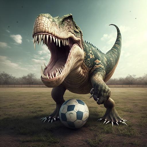 dinosaurio animado jugando en un campo de futbol y letras arriba que diga CHIMBOTE GRASS