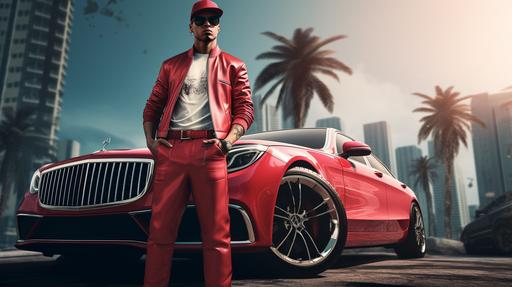 GTA 6 gangster, Miami City, Car, Downtown, Red Cap, Gun in hand, Render, 4k, --ar 16:9