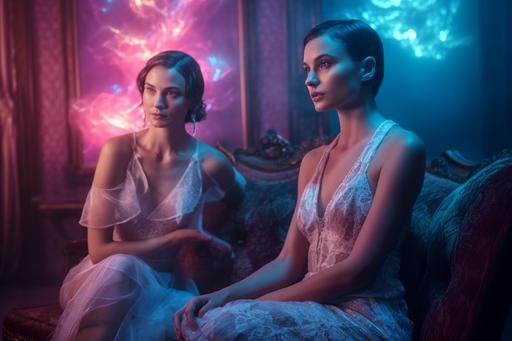 :Gal Gadot and Alicia Vikander in fantasy photo shoot dressed in La Perla Neoprene Desire and Chantal Thomass in neon lit lounge wearing short sheer mini, tulle, organza, lace bodice, leather, crop top, pearl buttons, leggings, high heels, whole body, intricate, hyperreal photography, highly detailed, cinema lighting, intricate, 8k, hd, cinematography, photorealism, unreal engine, film, portrait photography, hyper detailed, Insane Detail, Intricate Detail, Film, Editorial Photography, Photoshoot, DOF, White Balance, 32k, Super Resolution, Megapixels, ProPhoto RGB, Halfrear Lighting, Backlight, Natural Lighting, Incandescent, Fiber Optic, Moody Lighting, Cinematic Lighting, Studio Lighting, Soft Light, Volumetric, Lighting, Accent Lighting, Global Illumination, Screen Space Global Illumination, Ray Traced Global Illumination, Optical, Scattering, Glow, Shadows, Rough, Flicker, Ray Traced Reflections, Lumen Reflections, Screen Space Reflection, Diffraction Grading, GB Shift, Scanline, Ray Tracing, Ray Tracing Ambient Occlusion, Antialiasing, FKAA, TXAA, RTX, SSAO, Shaders, OpenGL - Shaders, GLSL - Shaders, Post Process, Post Production, Cel Shading, Tone Mapping, CGI, VFX, SFX, Very Detailed and Complex, Super Maximalist, Elegant, Hyper Realistic, Super Detailed, Dynamic Pose, Cinematography, 32k --ar 3:2 --q 2 --v 5 --s 750