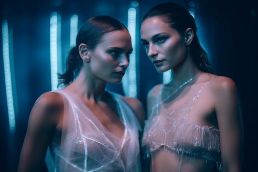 :Gal Gadot and Alicia Vikander in fantasy photo shoot dressed in La Perla Neoprene Desire and Chantal Thomass in neon lit lounge wearing short sheer mini, tulle, organza, lace bodice, leather, crop top, pearl buttons, leggings, high heels, whole body, intricate, hyperreal photography, highly detailed, cinema lighting, intricate, 8k, hd, cinematography, photorealism, unreal engine, film, portrait photography, hyper detailed, Insane Detail, Intricate Detail, Film, Editorial Photography, Photoshoot, DOF, White Balance, 32k, Super Resolution, Megapixels, ProPhoto RGB, Halfrear Lighting, Backlight, Natural Lighting, Incandescent, Fiber Optic, Moody Lighting, Cinematic Lighting, Studio Lighting, Soft Light, Volumetric, Lighting, Accent Lighting, Global Illumination, Screen Space Global Illumination, Ray Traced Global Illumination, Optical, Scattering, Glow, Shadows, Rough, Flicker, Ray Traced Reflections, Lumen Reflections, Screen Space Reflection, Diffraction Grading, GB Shift, Scanline, Ray Tracing, Ray Tracing Ambient Occlusion, Antialiasing, FKAA, TXAA, RTX, SSAO, Shaders, OpenGL - Shaders, GLSL - Shaders, Post Process, Post Production, Cel Shading, Tone Mapping, CGI, VFX, SFX, Very Detailed and Complex, Super Maximalist, Elegant, Hyper Realistic, Super Detailed, Dynamic Pose, Cinematography, 32k --ar 3:2 --q 2 --v 5 --s 750