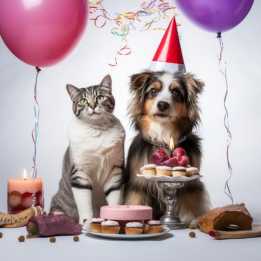 a real doctor cat and a real nurse dog celebrating their one year anniversary with cake, balloons and sweets on a white background