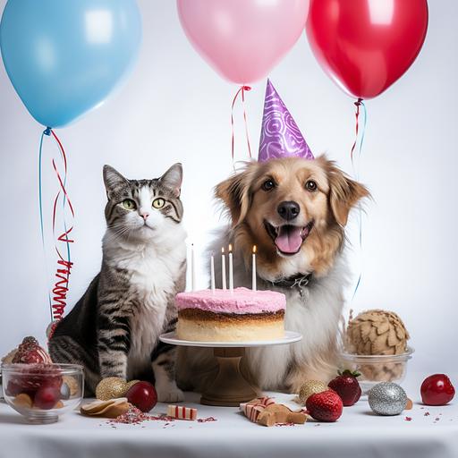 a real doctor cat and a real nurse dog celebrating their one year anniversary with cake, balloons and sweets on a white background
