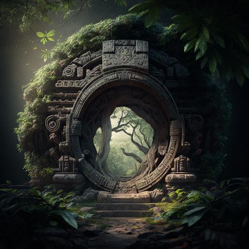 an epic maya portal with trees around it