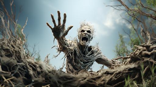 isolate white background a Zombie hand coming out of the ground on background white, A hyper realistic image, Octane render, 8K --ar 16:9 --v 5.2 --style raw --s 750