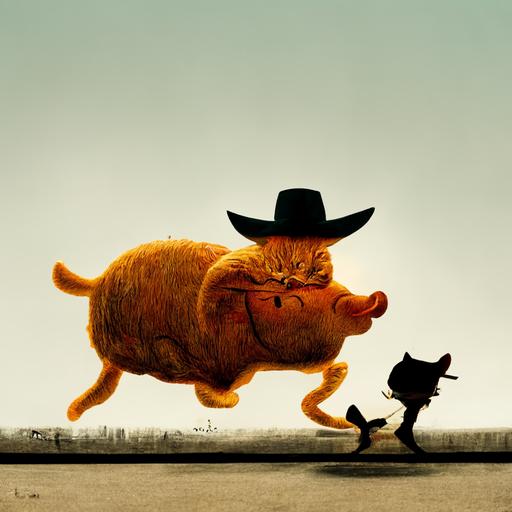 Garfield the cat running away a pig with a cowboy hat in a city