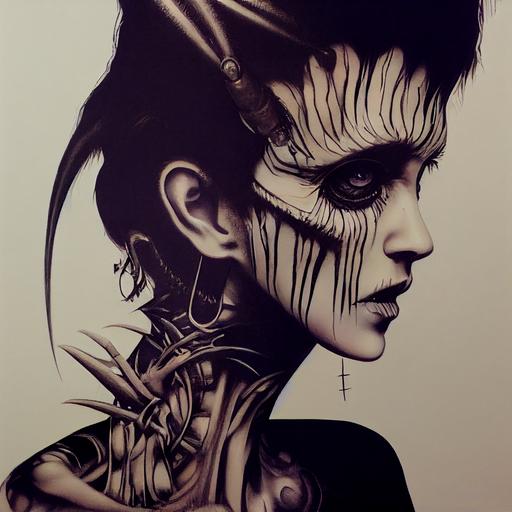 HR Giger painting of Professional Banner for ear gauges, large and thick heavy metal body piercings, tattoos through the gap in ink by Yoji Shinkawa and Heinrich Kley , highly detailed intricate brush strokes, modern manga art, gauges and piercings designed by HR Giger, unreal engine, cinematic, trending on art station, 8k, focused, award winning --test --upbeta