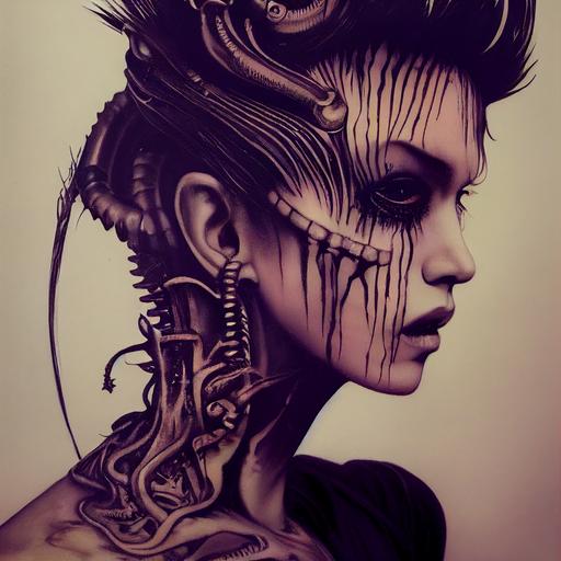 HR Giger painting, virus affected, ear gauges, large and thick heavy metal body piercings, tattoos through the gap in ink by Yoji Shinkawa and Heinrich Kley , highly detailed intricate brush strokes, modern manga art, gauges and piercings designed by HR Giger, unreal engine, cinematic, trending on art station, 8k, focused, award winning --test --upbeta