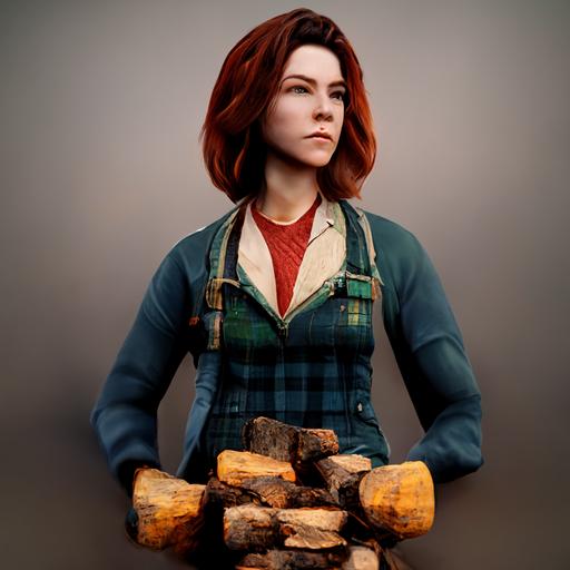 Jane Hathaway in a lumberjack outfit chopping wood full body image, octane render, hyper realistic, photorealistic image, extreme detail, extreme clarity, 8K --s 1250