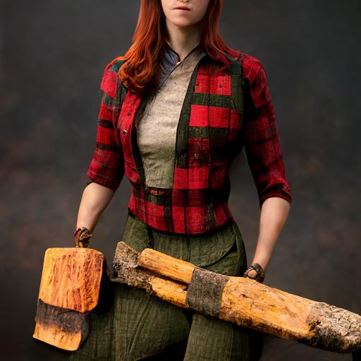 Jane Hathaway in a lumberjack outfit chopping wood full body image, octane render, hyper realistic, photorealistic image, extreme detail, extreme clarity, 8K --s 1250