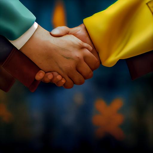 peace in Ukraine, Russian and Ukrainian shaking hands, far shot, very detailed, photorealistic, high quality, cinematic lighting, nikon d850, 8k, wide focus --test --creative