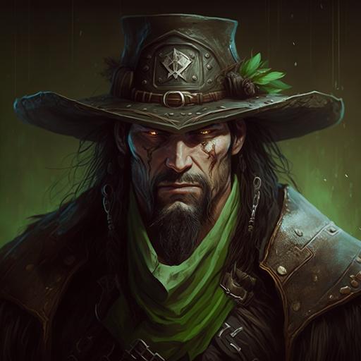 Garruk Wildspeaker from Magic: The Gathering in a 1960's era western, wearing a gaucho hat, serious facial expression, eyes glowing green, wearing a green poncho, cinematic, photography, extremely detailed, intricate details