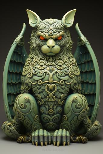 Gary Steinborn, Buddha Cat Dragon Owl, Ceramic, matte, olive-green --ar 2:3 --c 15 --s 222
