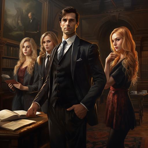 Gathered in the study were a female detective, a butler, a man with long hair, a lawyer in a suit, a woman with blonde hair and a woman with red hair, photo-realistic, view is behind them and can't see faces.