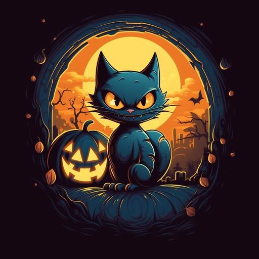 Gato negro con ojos amarillos, arriba de una calabaza sonriente de halloween, background cementery, cartoon style, tim burton style