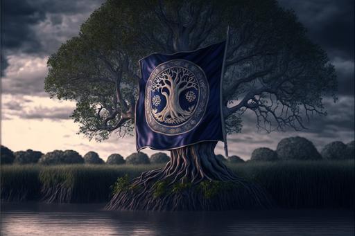 flag, banner, family crest, silver and dark-blue, stitched oak tree and river, medieval fantasy, ultrarealistic, dramatic, cinematic, 8k --ar 3:2 --v 4 --chaos 5
