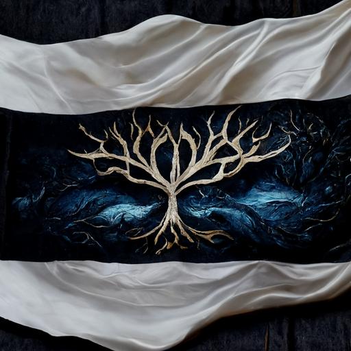 flag, banner, family crest, silver and dark-blue, stitched oak tree and river, medieval fantasy, ultrarealistic, dramatic, cinematic, 8k