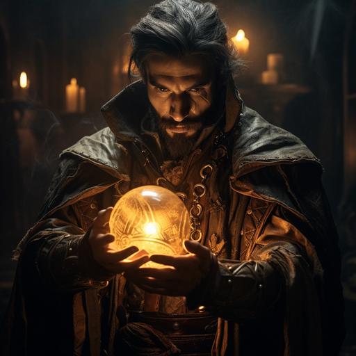 Geine Warlock, fantasy roleplay, create a full-body character, High quality, in a medieval fantasy setting, dramatic lighting, with a magic genie oil lamp, tattered clothing, torn clothing, dynamic poses, epic, dynamic angle, dark cinematic, heavy scars, 4K, in the style of Japanese anime, hyper detail