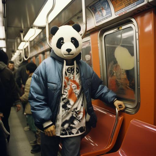 Gen x man wearing streetwear next to a Panda Head doing Graffiti inside a New York subway car in the 1980s, 35mm Kodak photo, in the style of martha Cooper, Subway art --s 50 --style raw