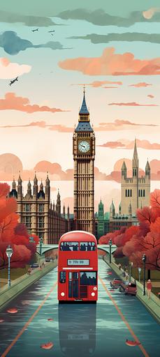Generate a 4K resolution (400x900) collage illustration in the enchanting Studio Ghibli anime style, portraying a red double decker bus, the big ben, london eye and the red telephone booths as it rains. Show these elements in a scenic composition with beautiful landscapes. Capture the essence of adventure and wonder. Emphasize the Studio Ghibli aesthetic with soft colors:: illustration --ar 4:9