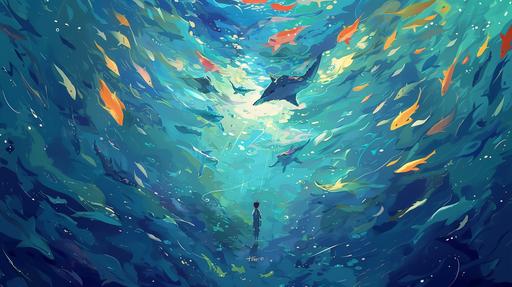 Generate a 4K resolution (400x900) image in the enchanting Studio Ghibli anime style, portraying the koi fish swimming in shallow water. Capture the essence of adventure and wonder of this scenic landscape. Emphasize the Studio Ghibli aesthetic with soft colors:: illustration --ar 16:9