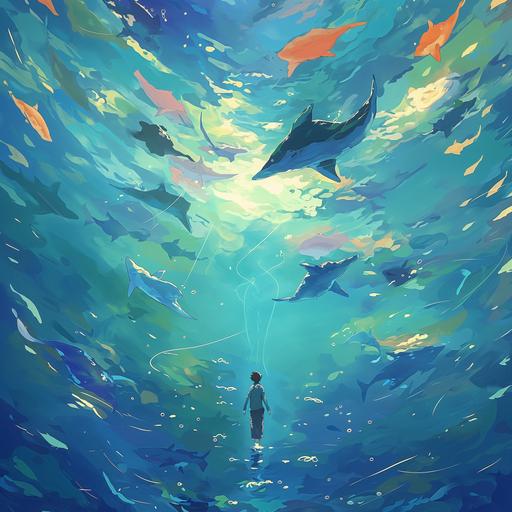 Generate a 4K resolution (400x900) image in the enchanting Studio Ghibli anime style, portraying the koi fish swimming in shallow water. Capture the essence of adventure and wonder of this scenic landscape. Emphasize the Studio Ghibli aesthetic with soft colors:: illustration --ar 1:1 --v 6.0