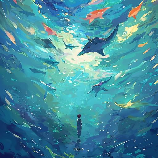 Generate a 4K resolution (400x900) image in the enchanting Studio Ghibli anime style, portraying the koi fish swimming in shallow water. Capture the essence of adventure and wonder of this scenic landscape. Emphasize the Studio Ghibli aesthetic with soft colors:: illustration --ar 1:1