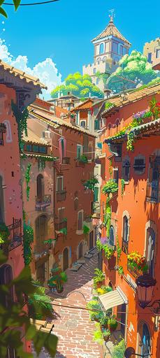 Generate a 4K resolution (400x900) image in the enchanting Studio Ghibli anime style, street's of madrid. add soft strokes in studio ghibli style. Capture the essence of adventure and wonder of this scenic landscape. Emphasize the Studio Ghibli aesthetic with soft colors:: illustration --ar 4:9