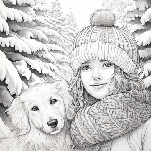 Generate a black and white line art illustration of a jolly snowman adorned with a cozy knit hat and an oversized scarf, set against a serene winter backdrop with snow-covered trees and a sense of wintery tranquility