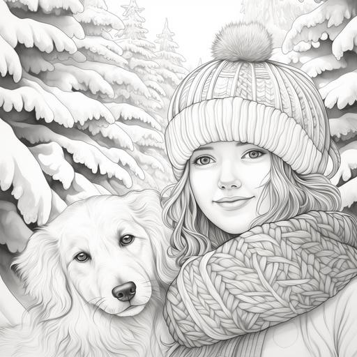 Generate a black and white line art illustration of a jolly snowman adorned with a cozy knit hat and an oversized scarf, set against a serene winter backdrop with snow-covered trees and a sense of wintery tranquility