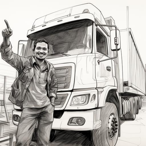 Generate a black and white pencil sketch-style image. The focus is on a large industrial truck parked at the factory gate. This factory is in India. Inside the truck, a cheerful driver is leaning out of the window, his face with a big smile, giving a thumbs-up sign. Facing him, standing by the factory gate, is a security guard raising his hat, smiling.