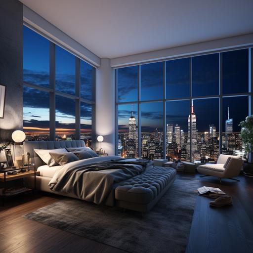 Generate a captivating image of a luxurious and beautifully decorated bedroom with large, open windows offering a breathtaking view of the iconic New York City skyline at night. The room should exude a sense of modern elegance and serenity, with soft, ambient lighting, and the New York City skyline should be aglow with city lights, creating a mesmerizing urban panorama