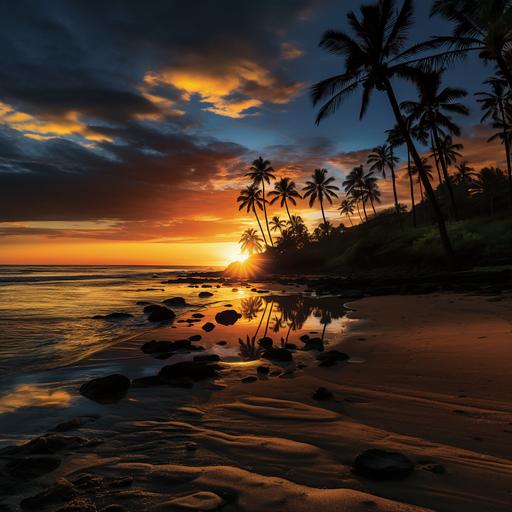 Generate a captivating image of a serene Hawaiian beach at sunset. Format it to fit 1584 (w) x 396 (h) pixels. The scene should feature a golden sky with the sun setting on the horizon, casting warm hues across the sky and water. Include a few gracefully swaying palm trees in the foreground, their silhouettes adding to the tropical ambiance. The sandy beach should be gently lit by the fading sunlight, creating a tranquil and inviting atmosphere. Emphasize the beauty of the natural landscape, with attention to detail in the colors, lighting, and overall composition to evoke a sense of relaxation and tropical paradise. --s 250