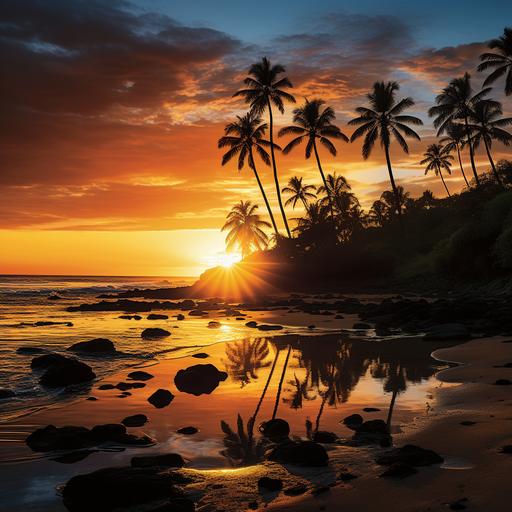 Generate a captivating image of a serene Hawaiian beach at sunset. Format it to fit 1584 (w) x 396 (h) pixels. The scene should feature a golden sky with the sun setting on the horizon, casting warm hues across the sky and water. Include a few gracefully swaying palm trees in the foreground, their silhouettes adding to the tropical ambiance. The sandy beach should be gently lit by the fading sunlight, creating a tranquil and inviting atmosphere. Emphasize the beauty of the natural landscape, with attention to detail in the colors, lighting, and overall composition to evoke a sense of relaxation and tropical paradise. --s 250