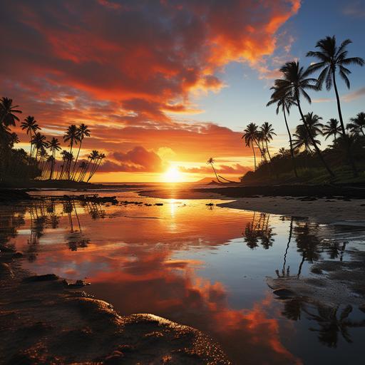 Generate a captivating image of a serene Hawaiian beach at sunset. Format it to fit 1584 (w) x 396 (h) pixels. The scene should feature a golden sky with the sun setting on the horizon, casting warm hues across the sky and water. Include a few gracefully swaying palm trees in the foreground, their silhouettes adding to the tropical ambiance. The sandy beach should be gently lit by the fading sunlight, creating a tranquil and inviting atmosphere. Emphasize the beauty of the natural landscape, with attention to detail in the colors, lighting, and overall composition to evoke a sense of relaxation and tropical paradise. --s 250