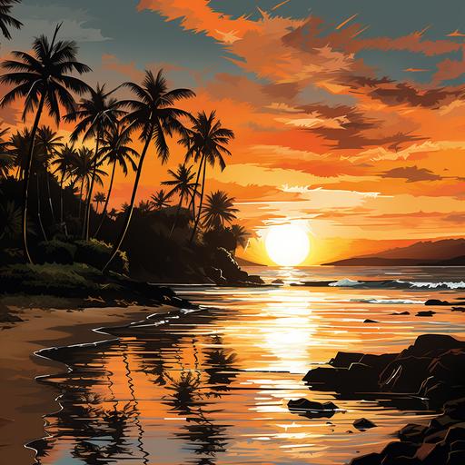 Generate a captivating image of a serene Hawaiian beach at sunset. Format it to fit 1584 (w) x 396 (h) pixels. The scene should feature a golden sky with the sun setting on the horizon, casting warm hues across the sky and water. Include a few gracefully swaying palm trees in the foreground, their silhouettes adding to the tropical ambiance. The sandy beach should be gently lit by the fading sunlight, creating a tranquil and inviting atmosphere. Emphasize the beauty of the natural landscape, with attention to detail in the colors, lighting, and overall composition to evoke a sense of relaxation and tropical paradise. --s 250