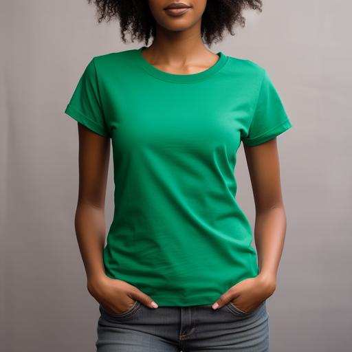 Generate a close-up portrait photograph featuring a woman in a loose, plain Kelly Green Gildan 64000 style t-shirt. The tee should have no graphics, showcasing a smooth and wrinkle-free appearance. Capture the full t-shirt and include some of the pants in the photo. Ensure the model appears flat-chested, and the shirt lies flat.