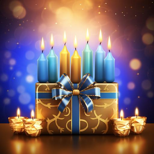 Generate a festive and heartwarming scene for a Hanukkah celebration. The image should capture the warmth and joy of the holiday. Feature a beautifully decorated Hanukkah menorah with 8 lit candles as the centerpiece, radiating a soft, golden glow. Surround the 8 cancle menorah with wrapped gifts in various sizes and vibrant, colorful wrapping paper. The background should include elements of Hanukkah traditions, such as a plate of delicious sufganiyot (jelly-filled donuts) and a dreidel. The color scheme should be rich and inviting, with a focus on deep blues, golds, and vibrant reds to evoke the festive spirit. Convey the essence of Hanukkah and the joy of giving and receiving gifts. DON'T INCLUDE TEXT. NO WORDS --v 5.2