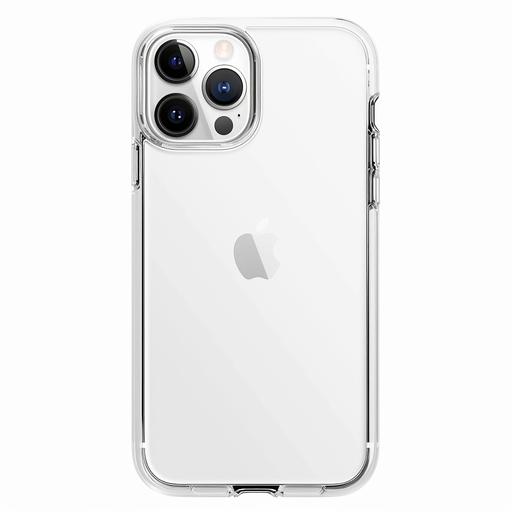 Generate a flat image of a white iPhone 15 pro with a clear MagSafe case on it with a plain white background. The phone should be faced down, centered and positioned vertically. No glare at all