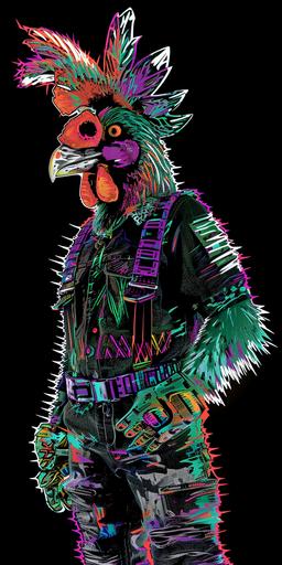 Generate a full-body photonegative refractograph x-ray of an arhthro furry humanoid bipedal rooster game show host, in styles inspired by celesticore, quizwave, roosterpunk, and spotlightcore. --c 1 --weird 1 --ar 1:2 --v 6.0